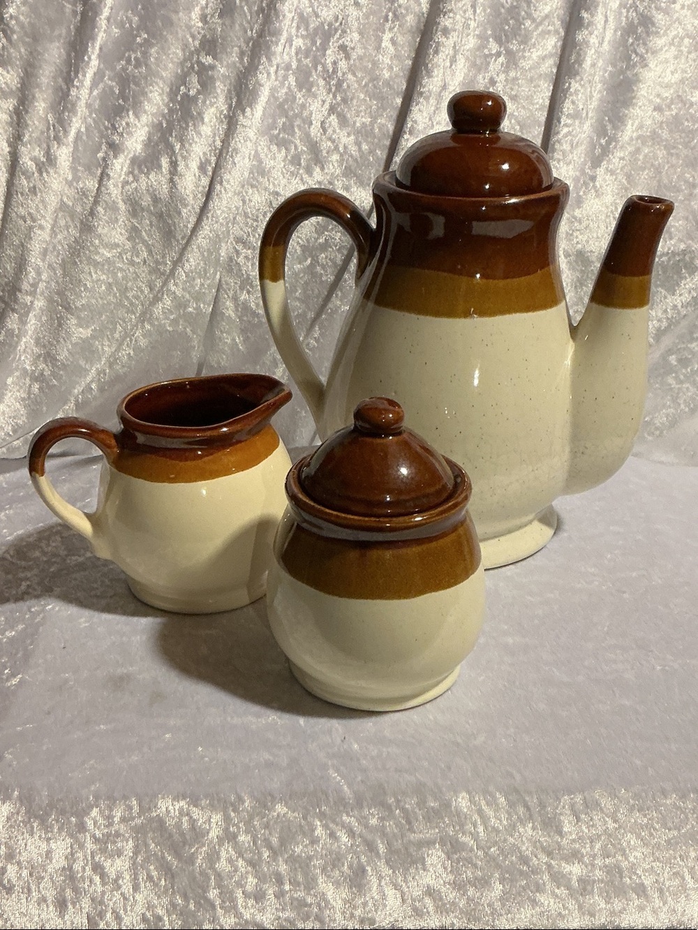 Brown and Cream Ceramic Coffee Set – Pitcher, Sugar Jar, Creamer